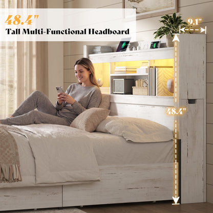Farmhouse King Headboard with Storage & LED Lighting-Distressed White-King