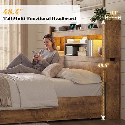 Farmhouse King Headboard with Storage & LED Lighting-Rustic Brown-King
