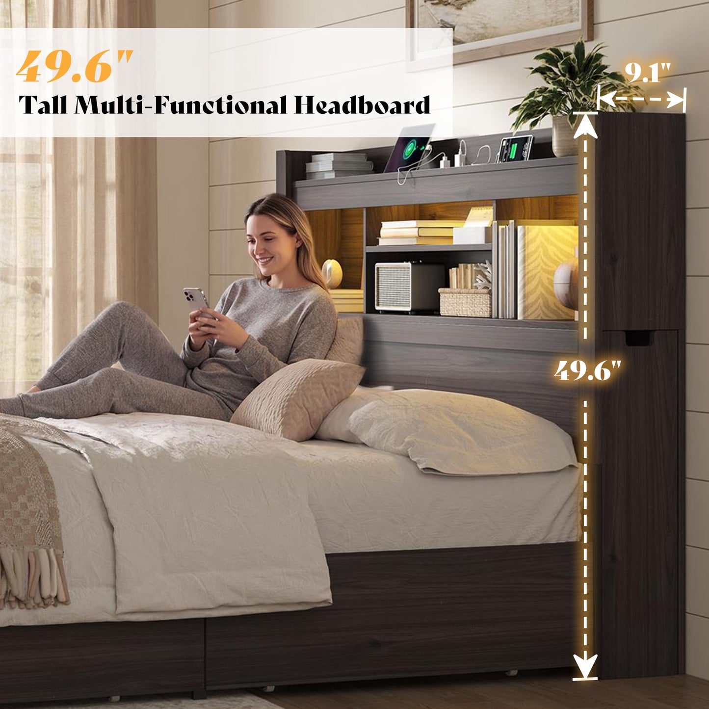 Farmhouse King Headboard with Storage & LED Lighting-Black Oak-Queen