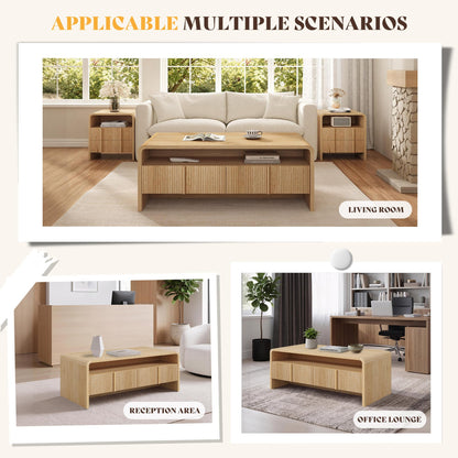 Modern Wood Grain Coffee Table with Drawers-Natural Oak-Fluted