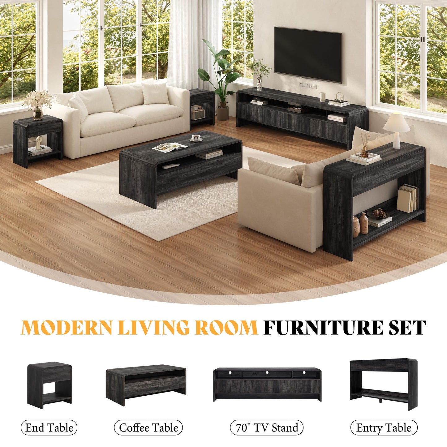 Modern Wood Grain Coffee Table with Drawers-Black-Flat