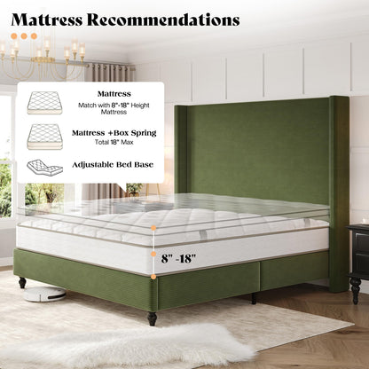 Cordelle Corduroy Wingback Bed Frame-Queen-Green