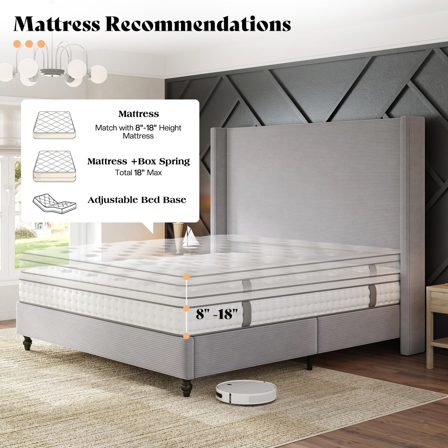 Cordelle Corduroy Wingback Bed Frame-King-Light Grey