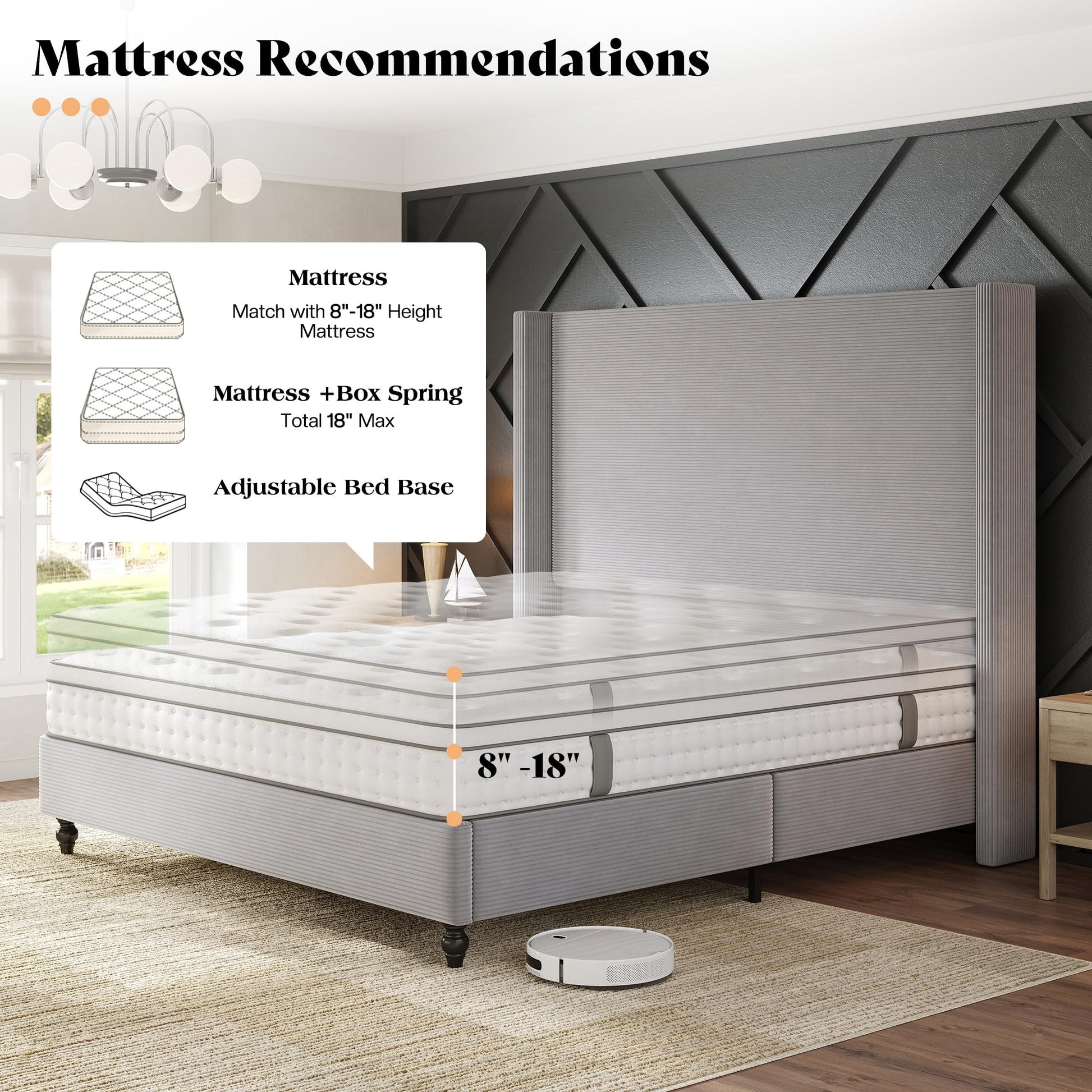 Cordelle Corduroy Wingback Bed Frame-California King-Light Grey
