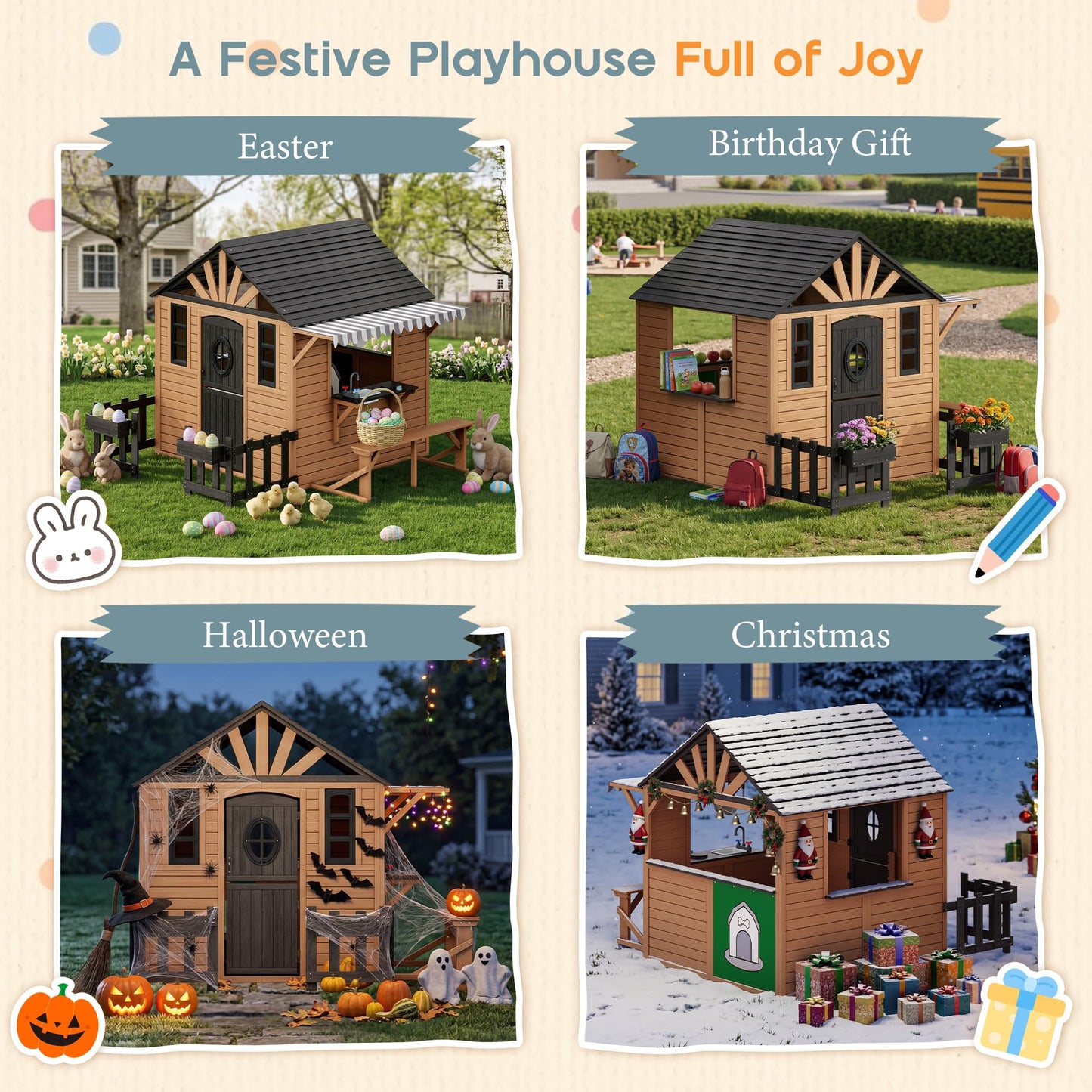 Wooden Outdoor Playhouse for Kids with Kitchen-Brown-81.9" L x 83.9" W x 64.8" H