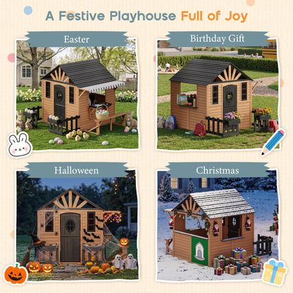 Wooden Outdoor Playhouse for Kids with Kitchen-Brown-81.9" L x 83.9" W x 64.8" H