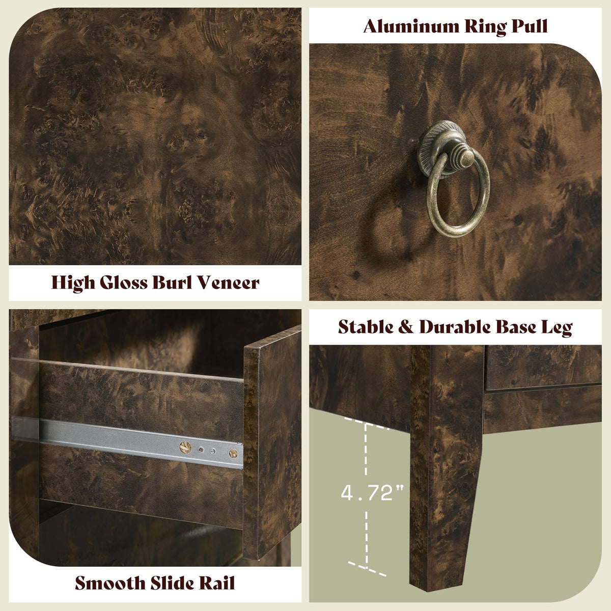 Burl Set of 2 Mid Century Modern Wood Nightstand with Drawer-Brown