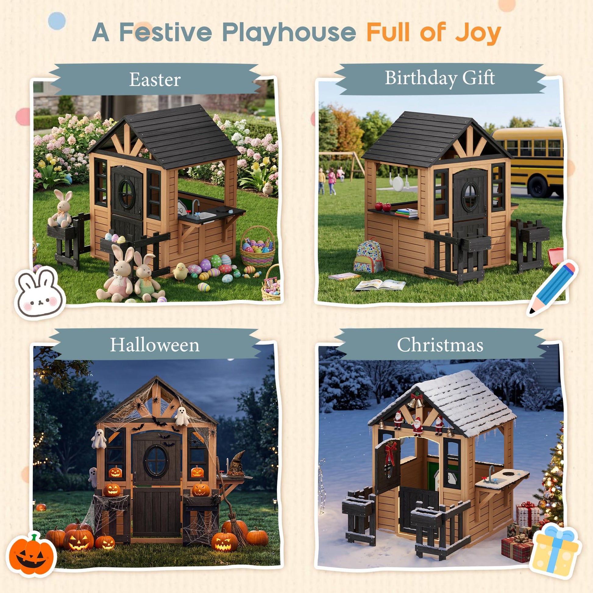 Wooden Outdoor Playhouse for Kids with Kitchen-Brown-51.4" L x 60.2" W x 60.2" H