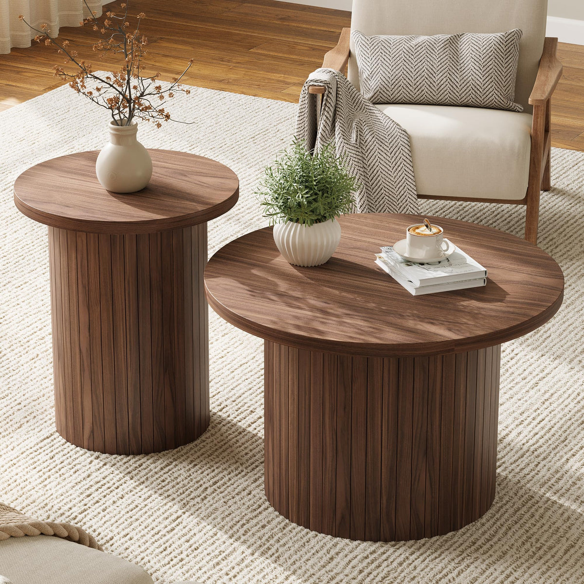 Briar Round Nesting Coffee Table Set with Full Fluted Design-Walnut