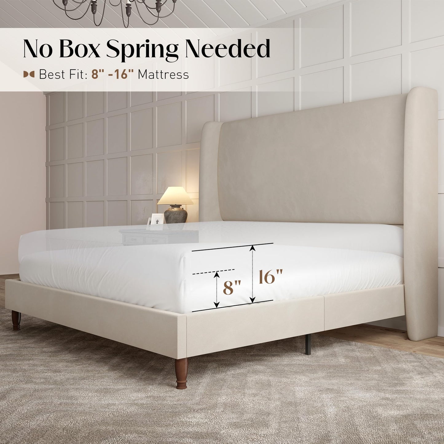 Tall Upholstered Bed Frame with Wingback Headboard-Queen-Off-white