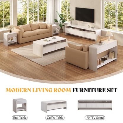 Modern Wood Grain Coffee Table with Drawers-White-Flat