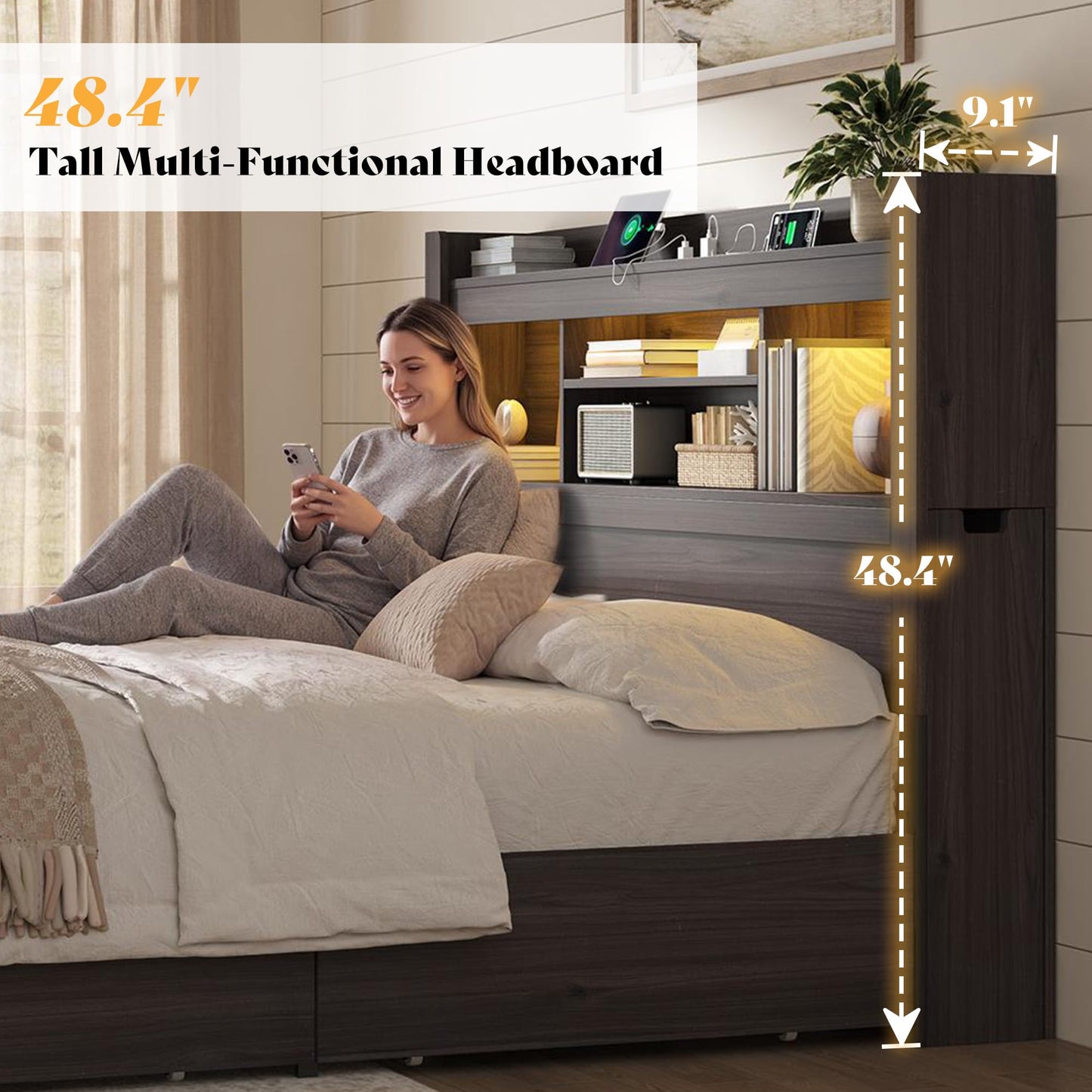 Farmhouse King Headboard with Storage & LED Lighting-Black Oak-King