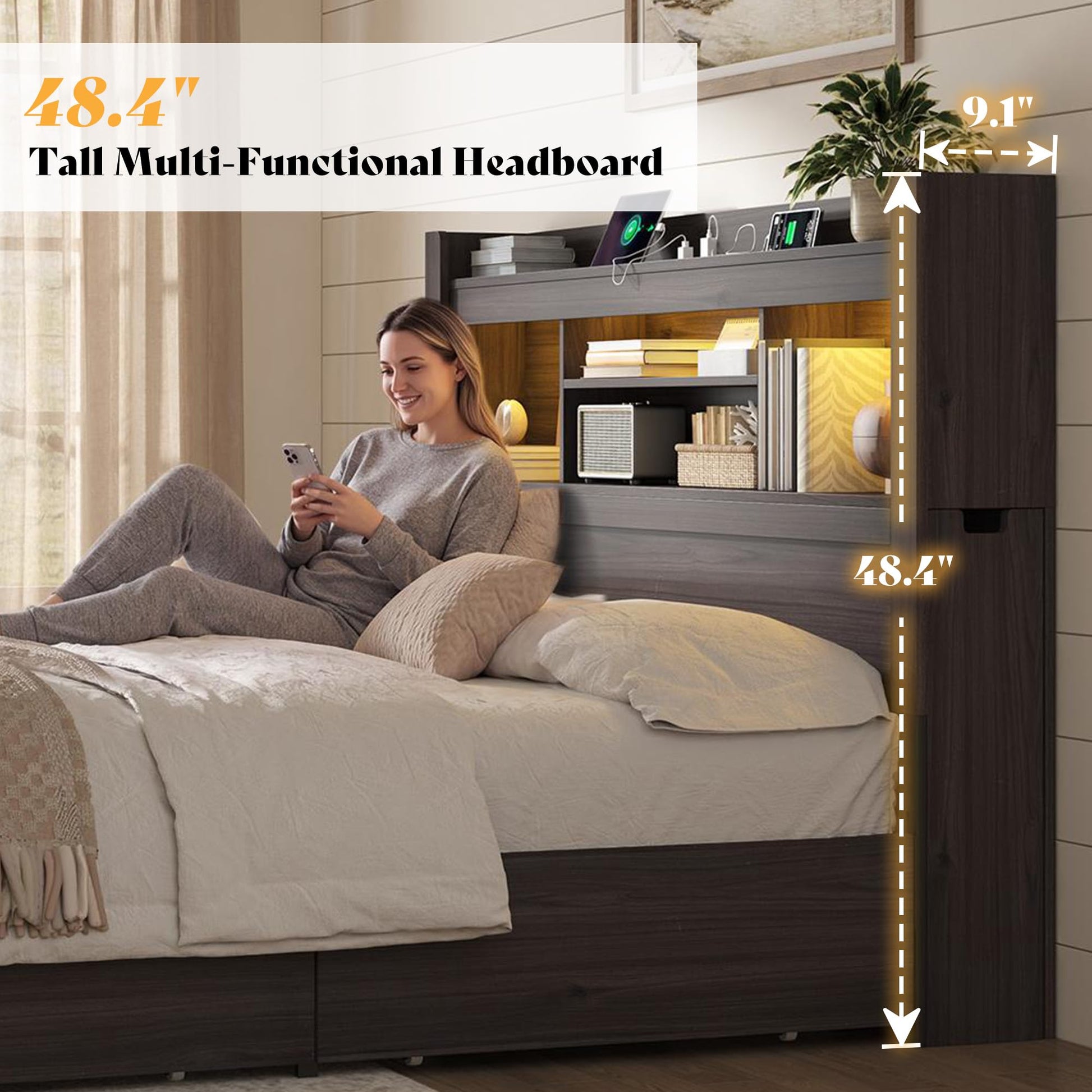 Farmhouse King Headboard with Storage & LED Lighting-Black Oak-King