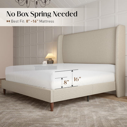 Tall Upholstered Bed Frame with Wingback Headboard-King-Khaki