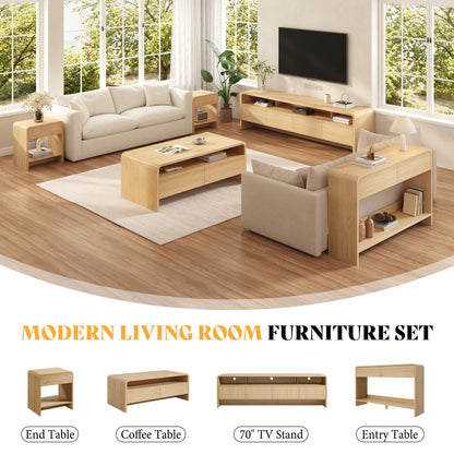 Modern Wood Grain Coffee Table with Drawers-Natural Oak-Flat
