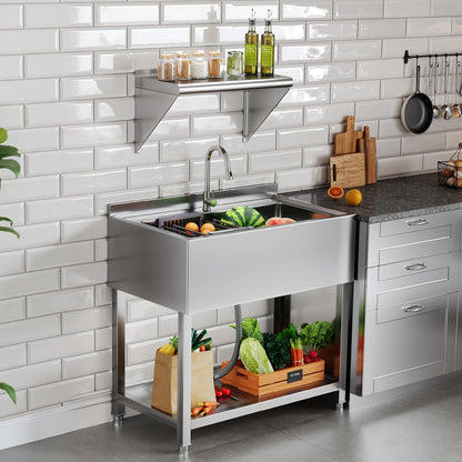 Plinth Stainless Steel Utility Sink with Faucet & Storage-Single Bowl with Wall Rack