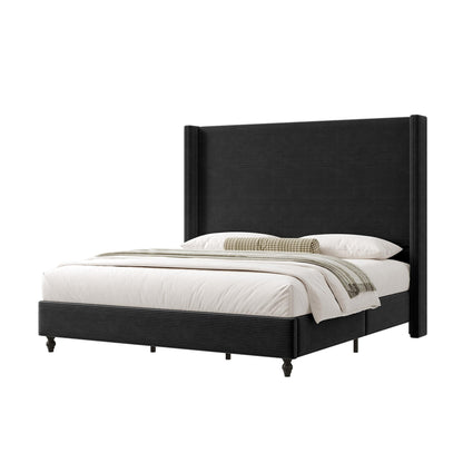 Cordelle Corduroy Wingback Bed Frame-Queen-Black