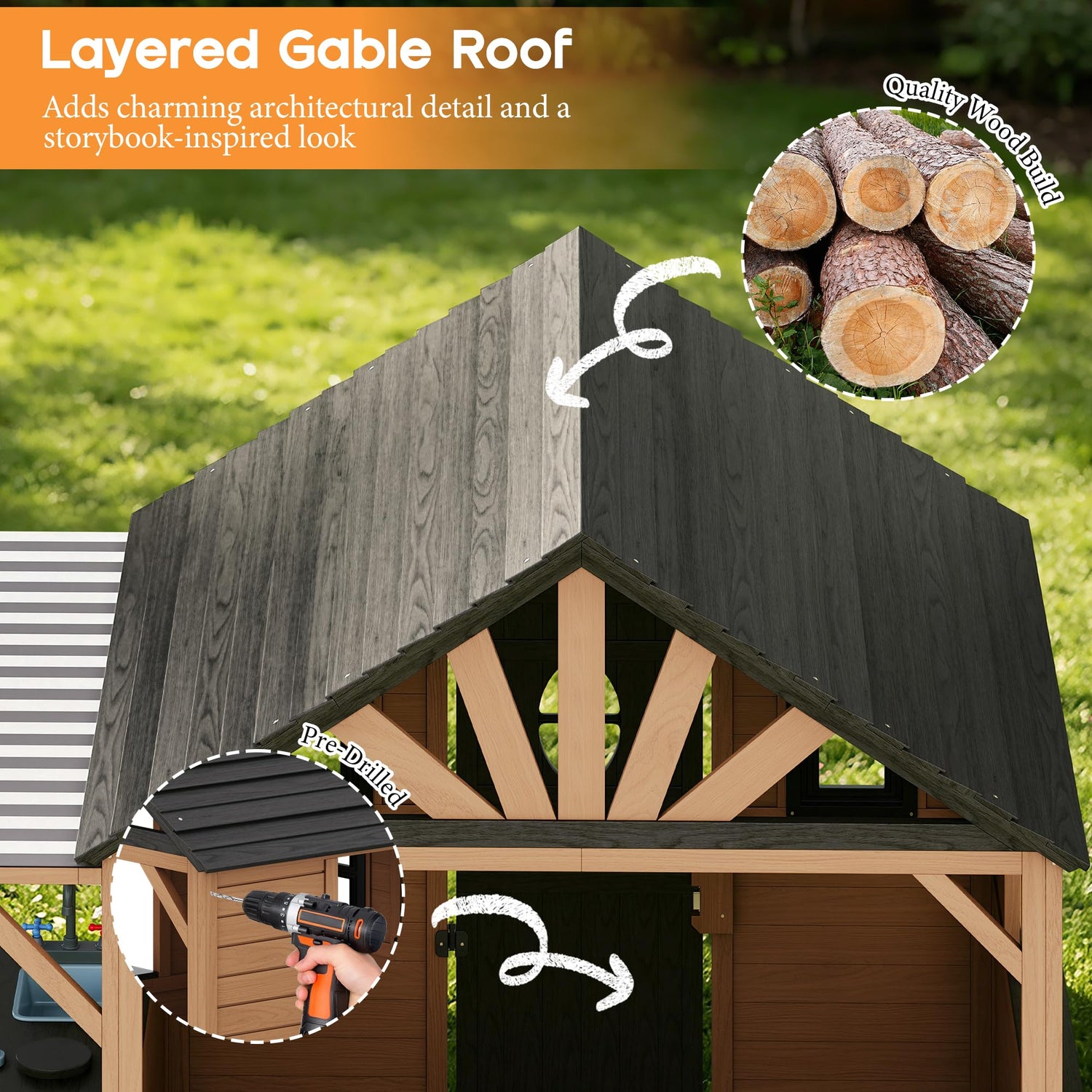 Wooden Outdoor Playhouse for Kids with Kitchen-Brown-81.9" L x 83.9" W x 64.8" H