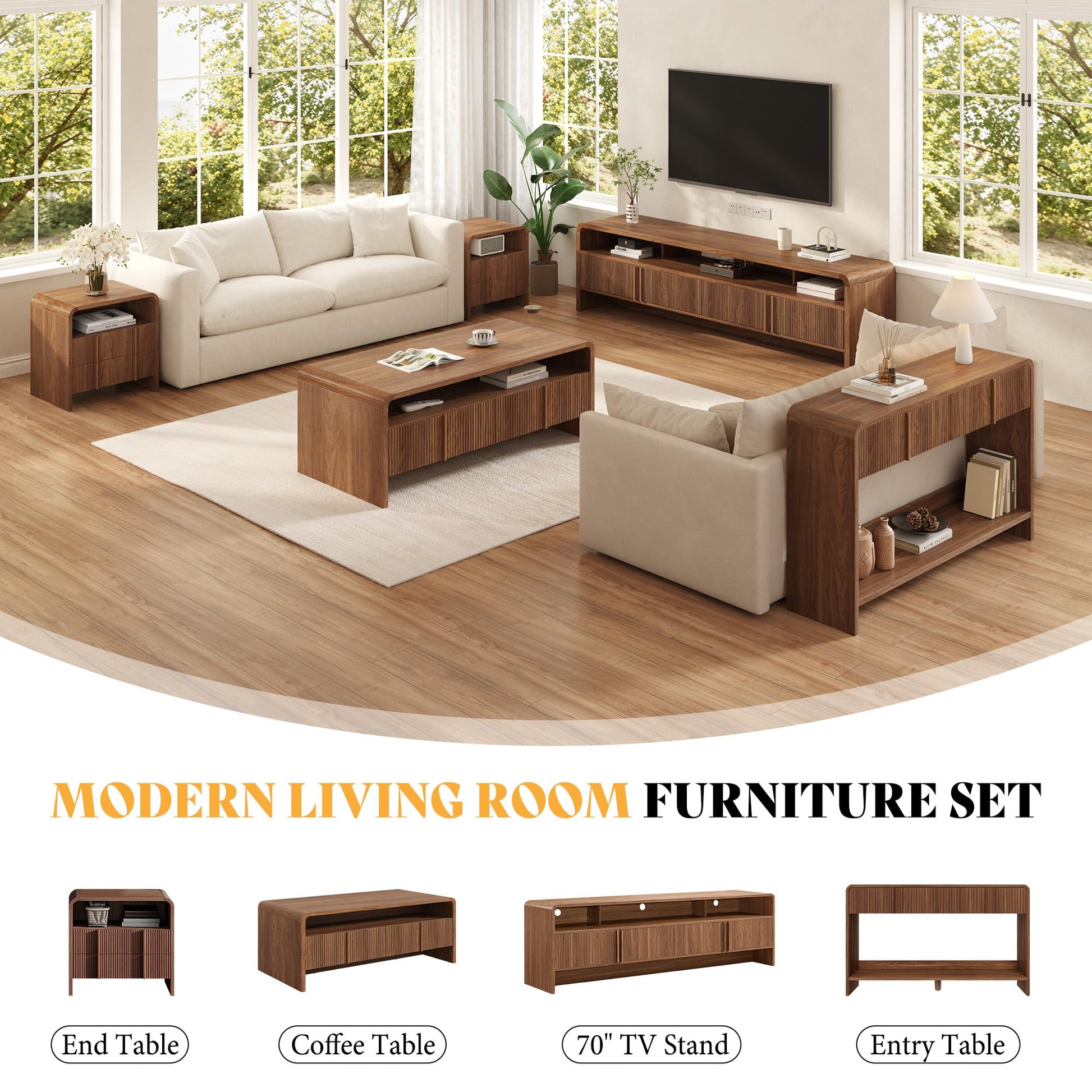 Modern Wood Grain Coffee Table with Drawers-Brown-Fluted