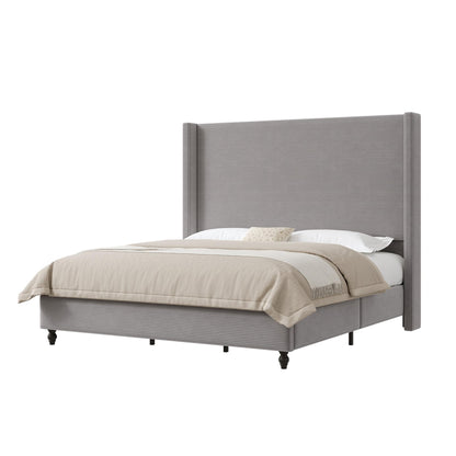 Cordelle Corduroy Wingback Bed Frame-California King-Light Grey