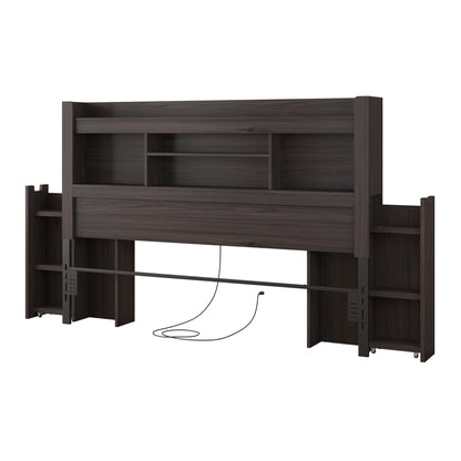 Farmhouse King Headboard with Storage & LED Lighting-Black Oak-Queen