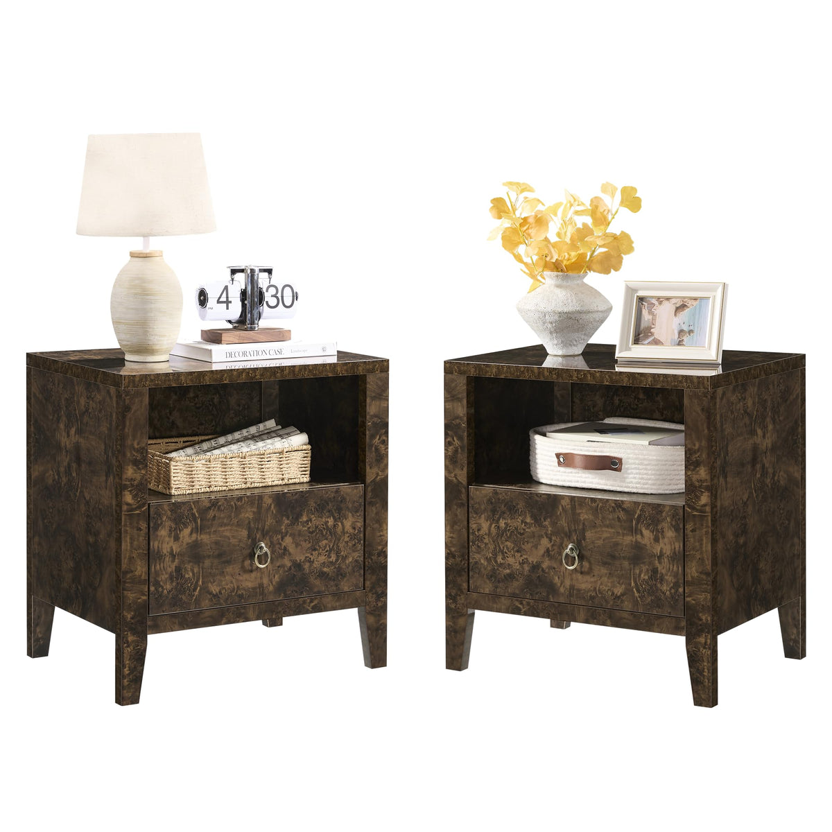 Burl Set of 2 Mid Century Modern Wood Nightstand with Drawer-Brown