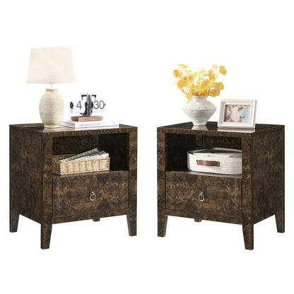 Burl Set of 2 Mid Century Modern Wood Nightstand with Drawer-Brown