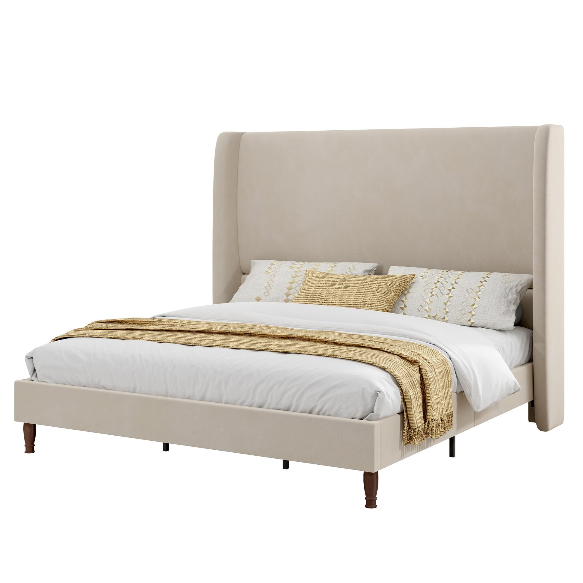 Tall Upholstered Bed Frame with Wingback Headboard-Queen-Off-white