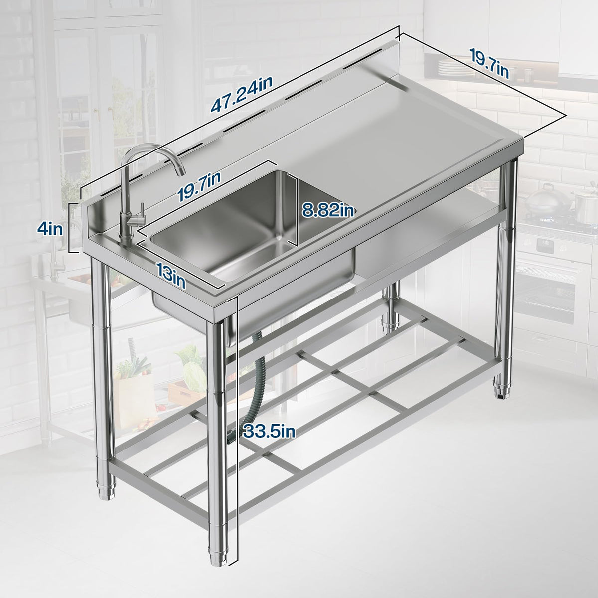 Plinth Stainless Steel Utility Sink with Faucet & Storage-Plinth Stainless Steel Utility Sink with Faucet & Storage-Single Bowl with Right Worktop