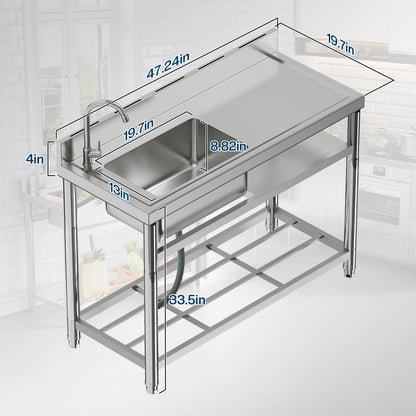 Plinth Stainless Steel Utility Sink with Faucet & Storage-Plinth Stainless Steel Utility Sink with Faucet & Storage-Single Bowl with Right Worktop