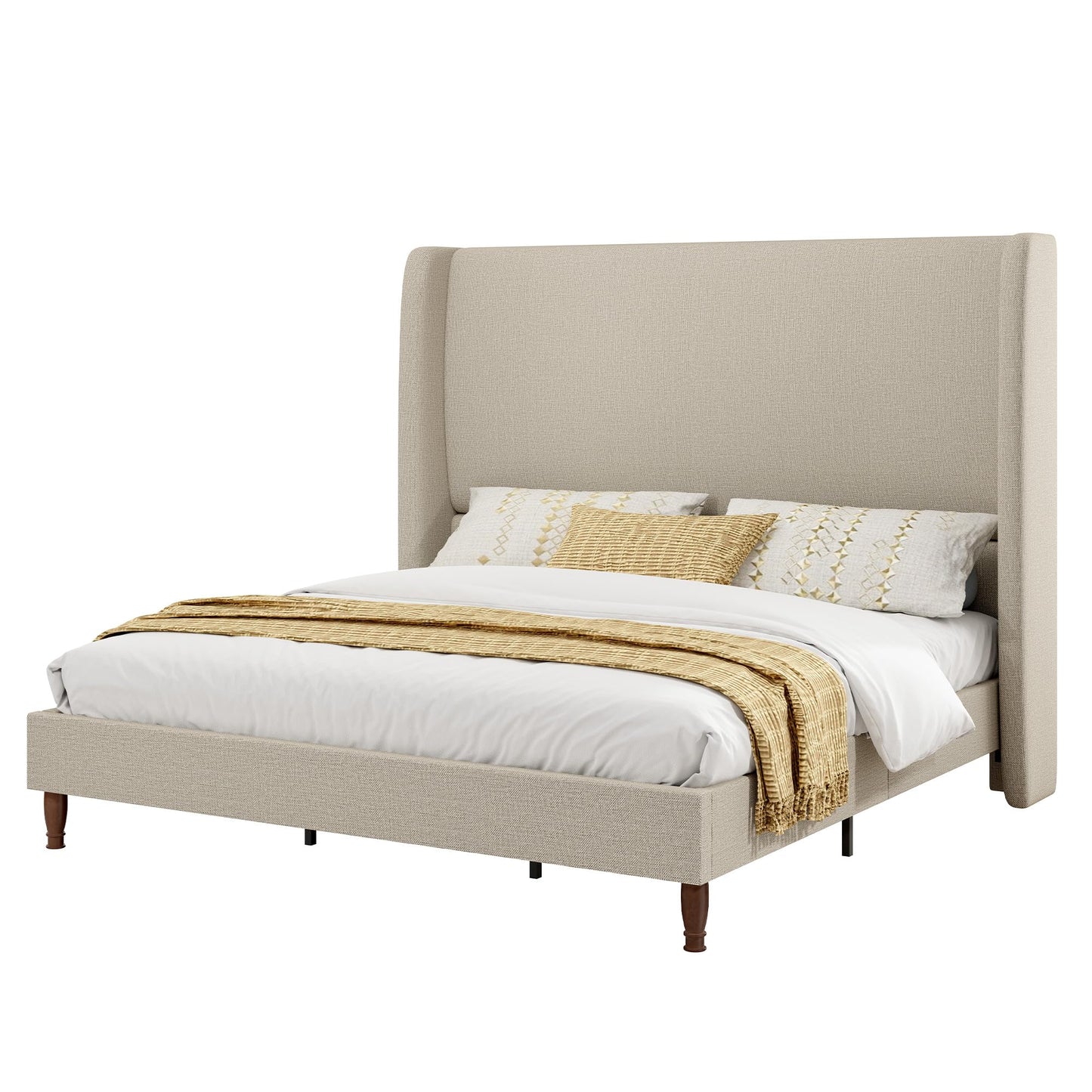 Tall Upholstered Bed Frame with Wingback Headboard-King-Khaki