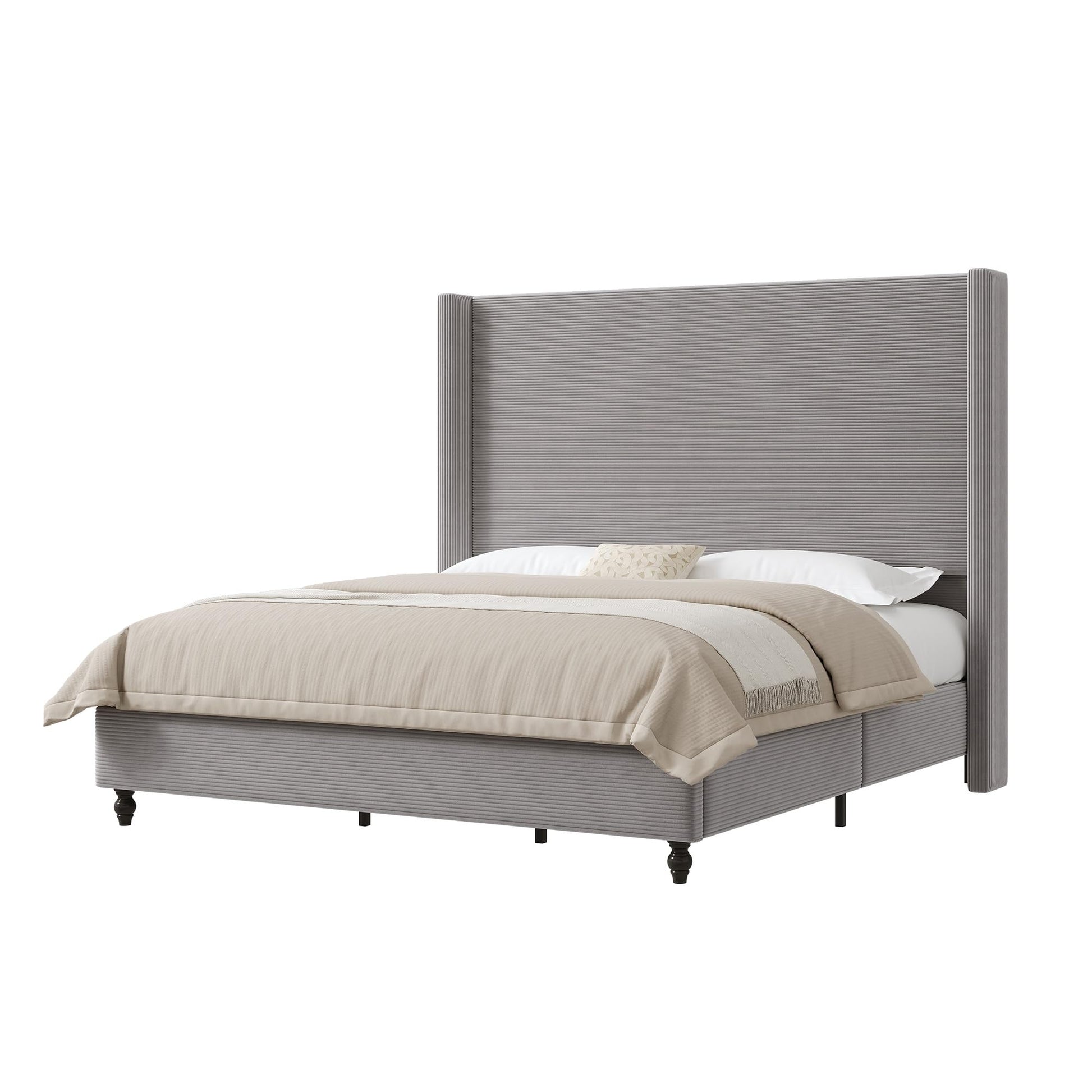 Cordelle Corduroy Wingback Bed Frame-King-Light Grey