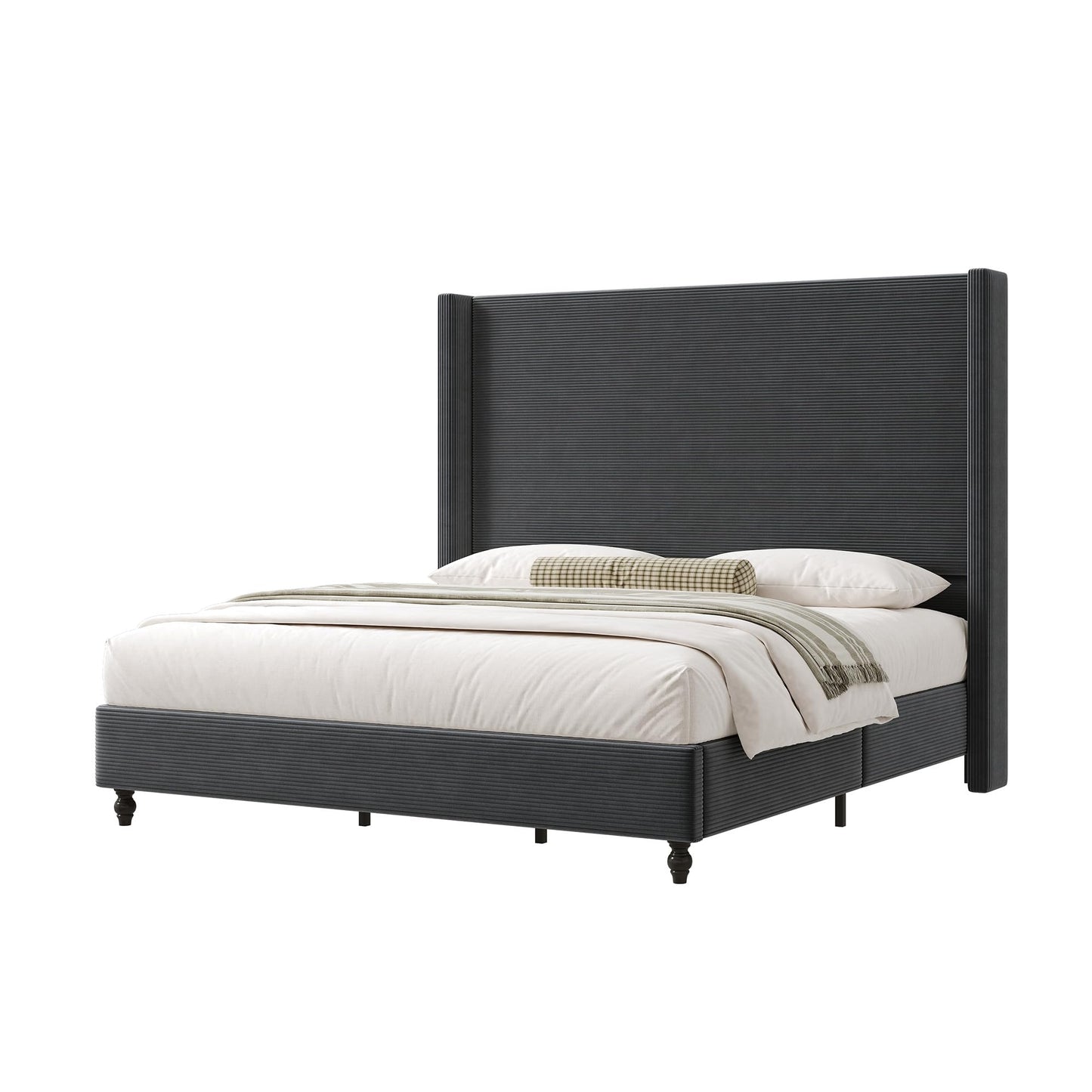 Cordelle Corduroy Wingback Bed Frame-Queen-Dark Grey