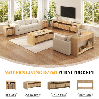 Modern Wood Grain Coffee Table with Drawers-Natural Oak-Fluted