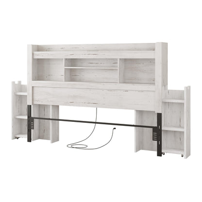 Farmhouse King Headboard with Storage & LED Lighting-Distressed White-Queen