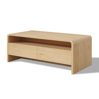 Modern Wood Grain Coffee Table with Drawers-Natural Oak-Flat