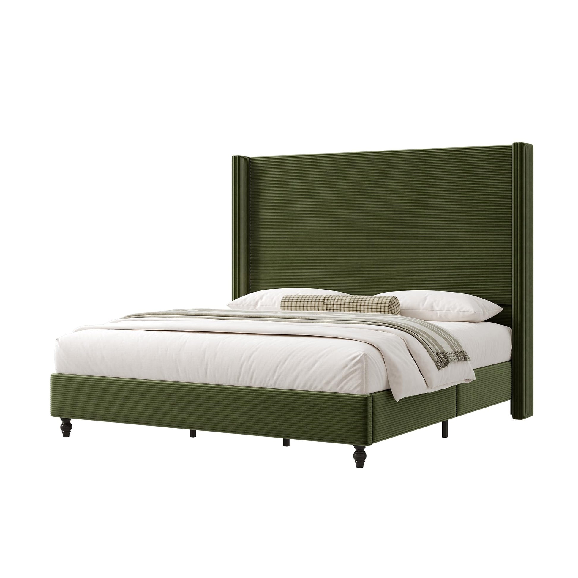 Cordelle Corduroy Wingback Bed Frame-California King-Green