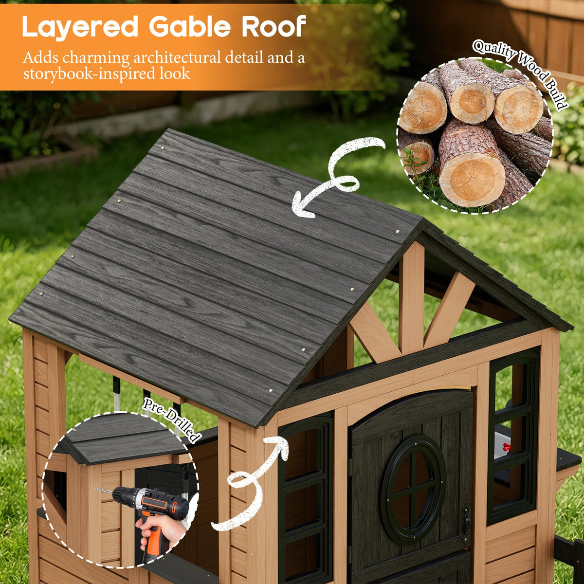 Wooden Outdoor Playhouse for Kids with Kitchen-Brown-51.4" L x 60.2" W x 60.2" H