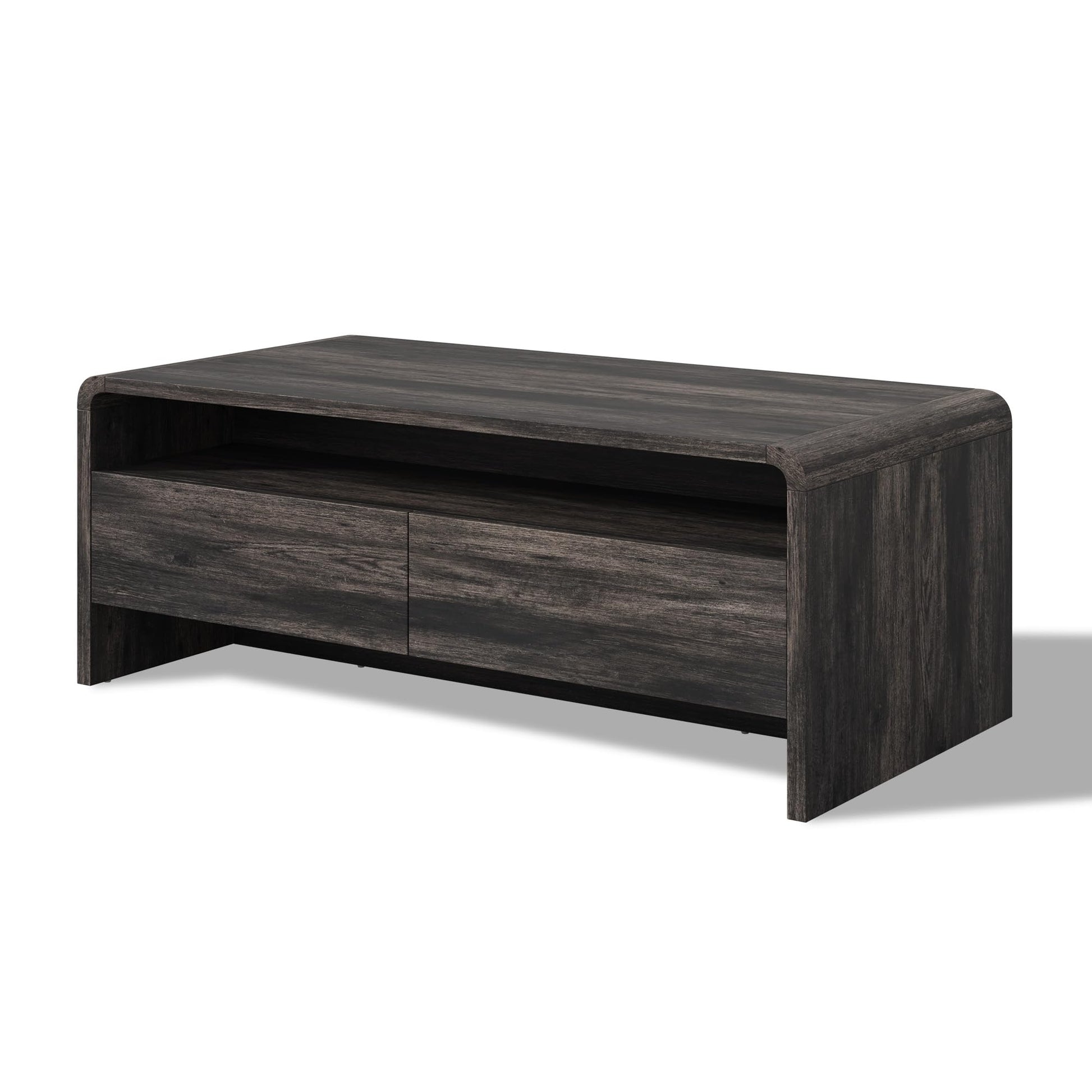 Modern Wood Grain Coffee Table with Drawers-Black-Flat