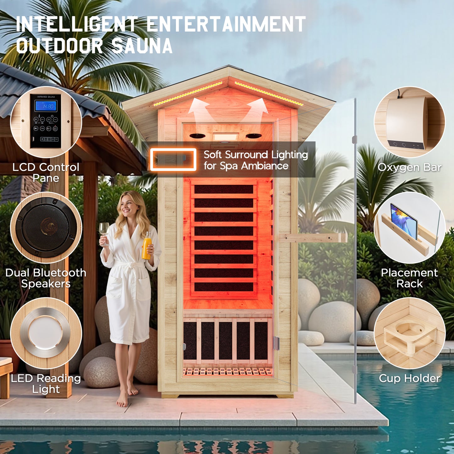 Low EMF Infrared Saunas for Home Amerlife Outdoor 1-Person 33.5*35.4*78.7 Inch 