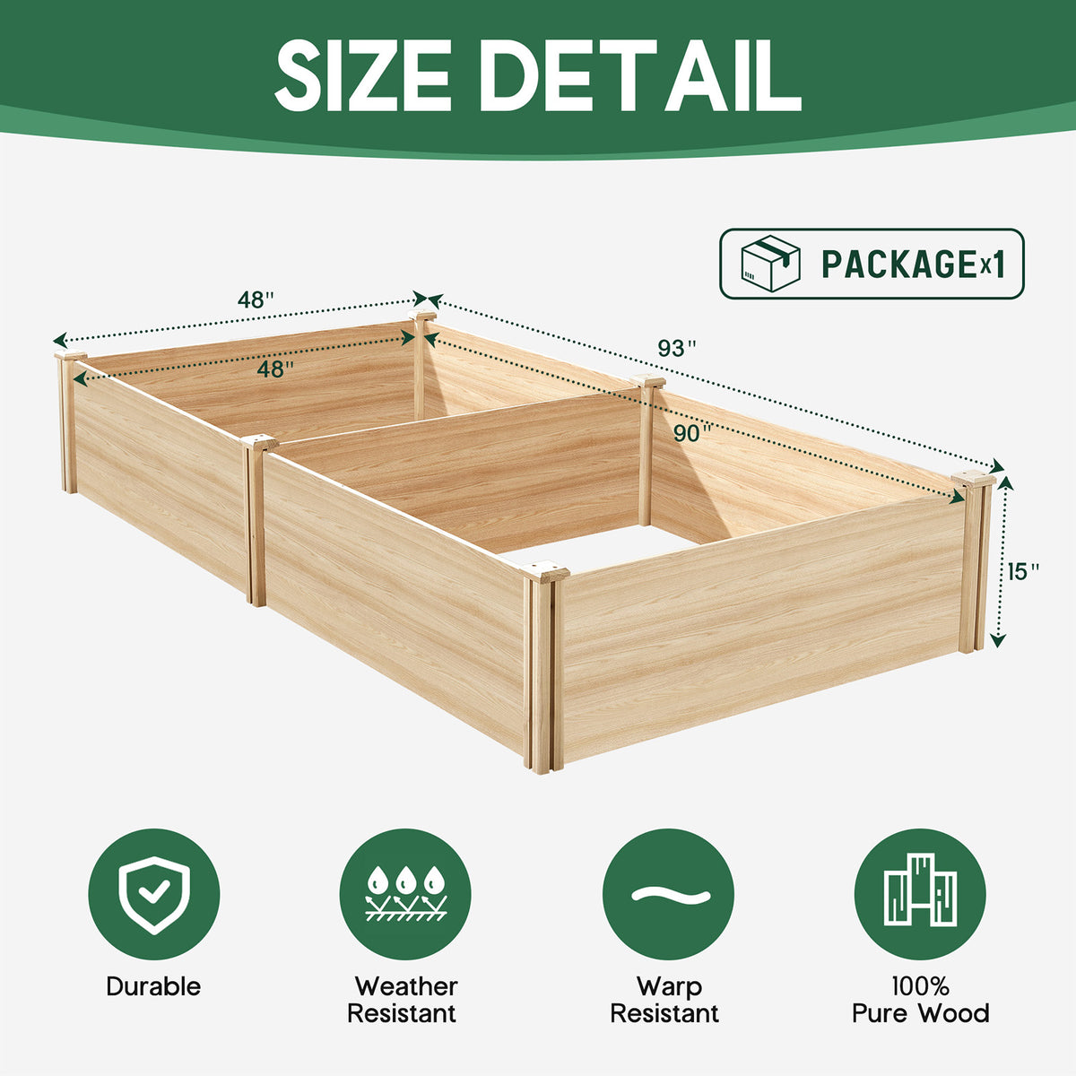 Tenon Fir Wood Raised Garden Bed-8 x 4 x 1.25 FT